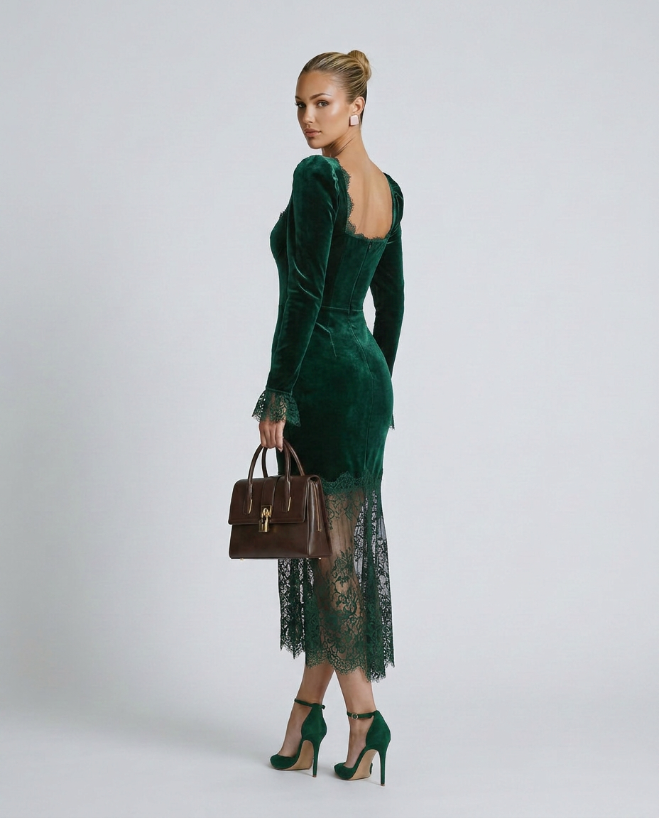 Woman wearing a green dress with a lace skirt and holding a brown handbag on a white background
