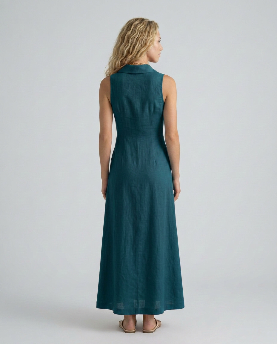 Woman wearing a teal sleeveless dress on a plain background