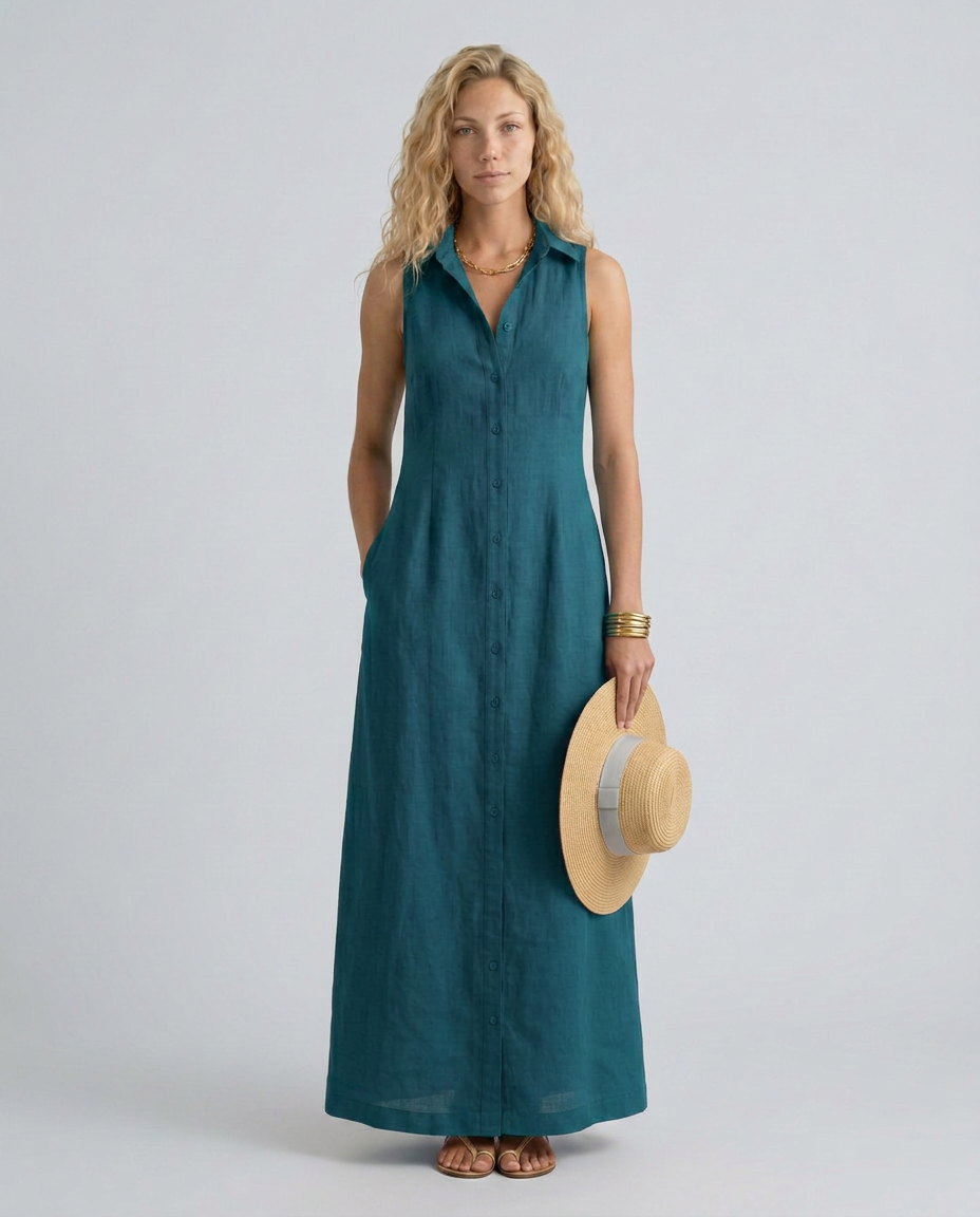 Woman wearing a teal sleeveless dress holding a straw hat on a plain background