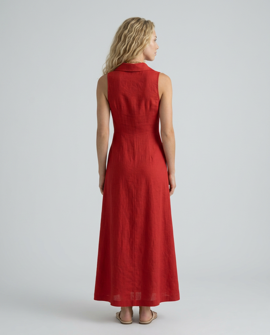 Woman wearing a red dress on a plain background