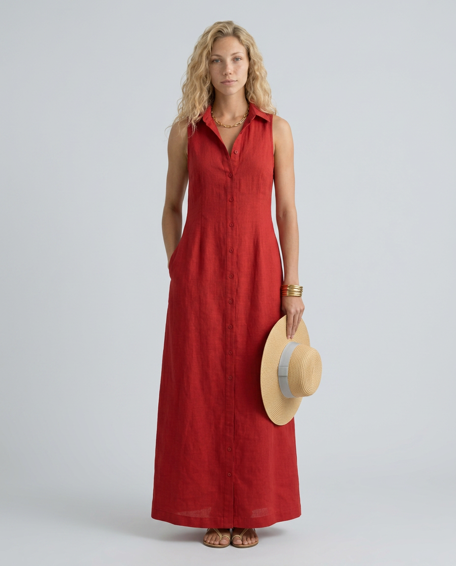Woman wearing a long red dress holding a straw hat against a plain background
