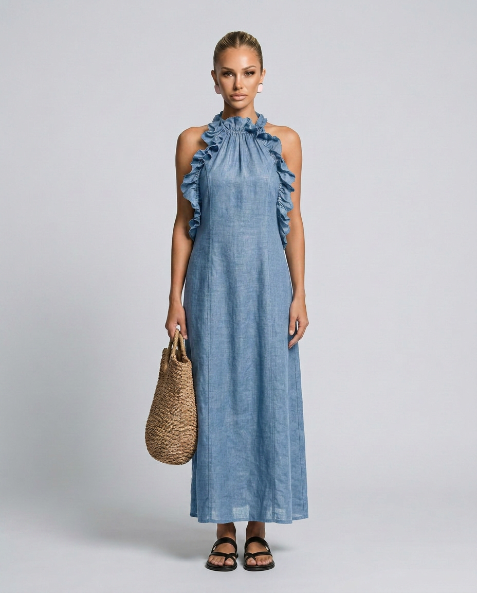 Woman wearing a blue dress with ruffled details, holding a woven bag on a gray background