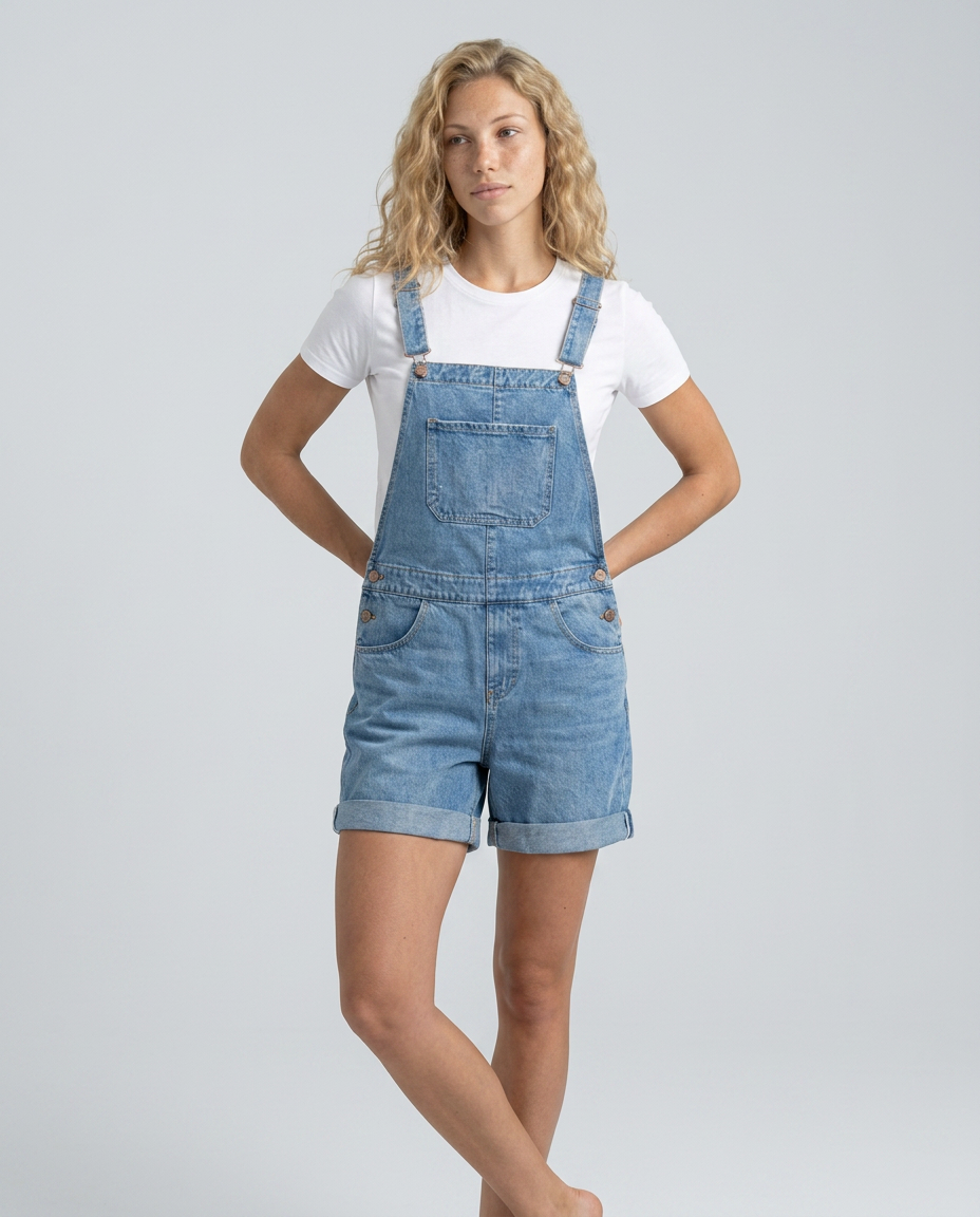 Woman wearing denim overalls and a white t-shirt on a gray background