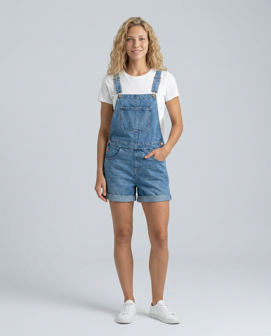 Woman wearing denim overalls on a gray background