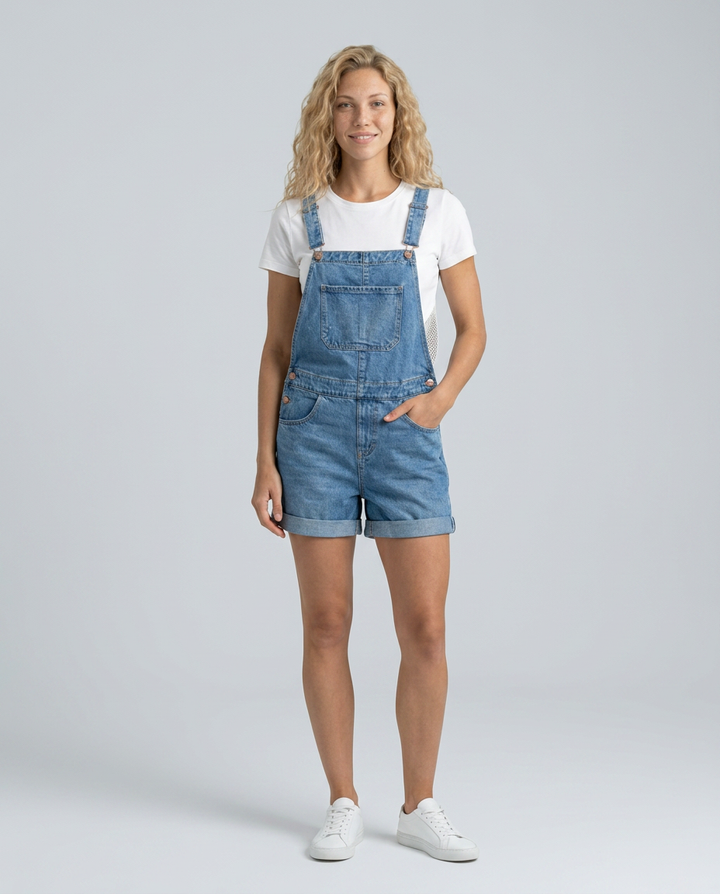 Woman wearing denim overalls on a gray background