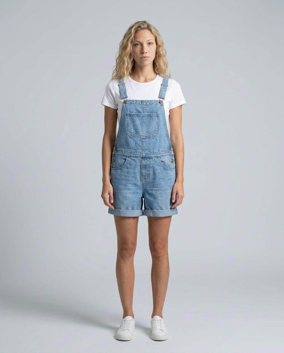 Woman wearing a denim overall dress over a white t-shirt on a gray background