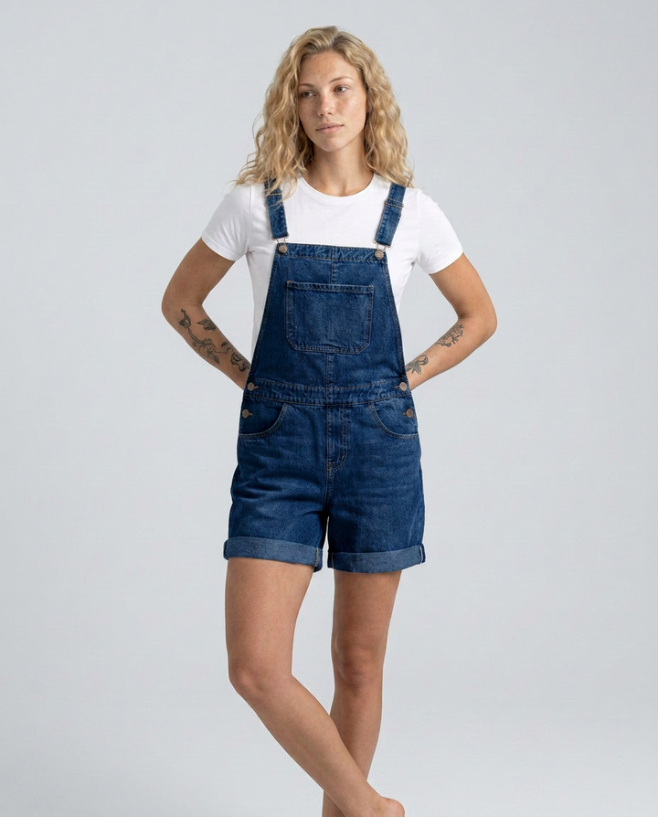 Woman wearing denim overalls and a white t-shirt on a plain background