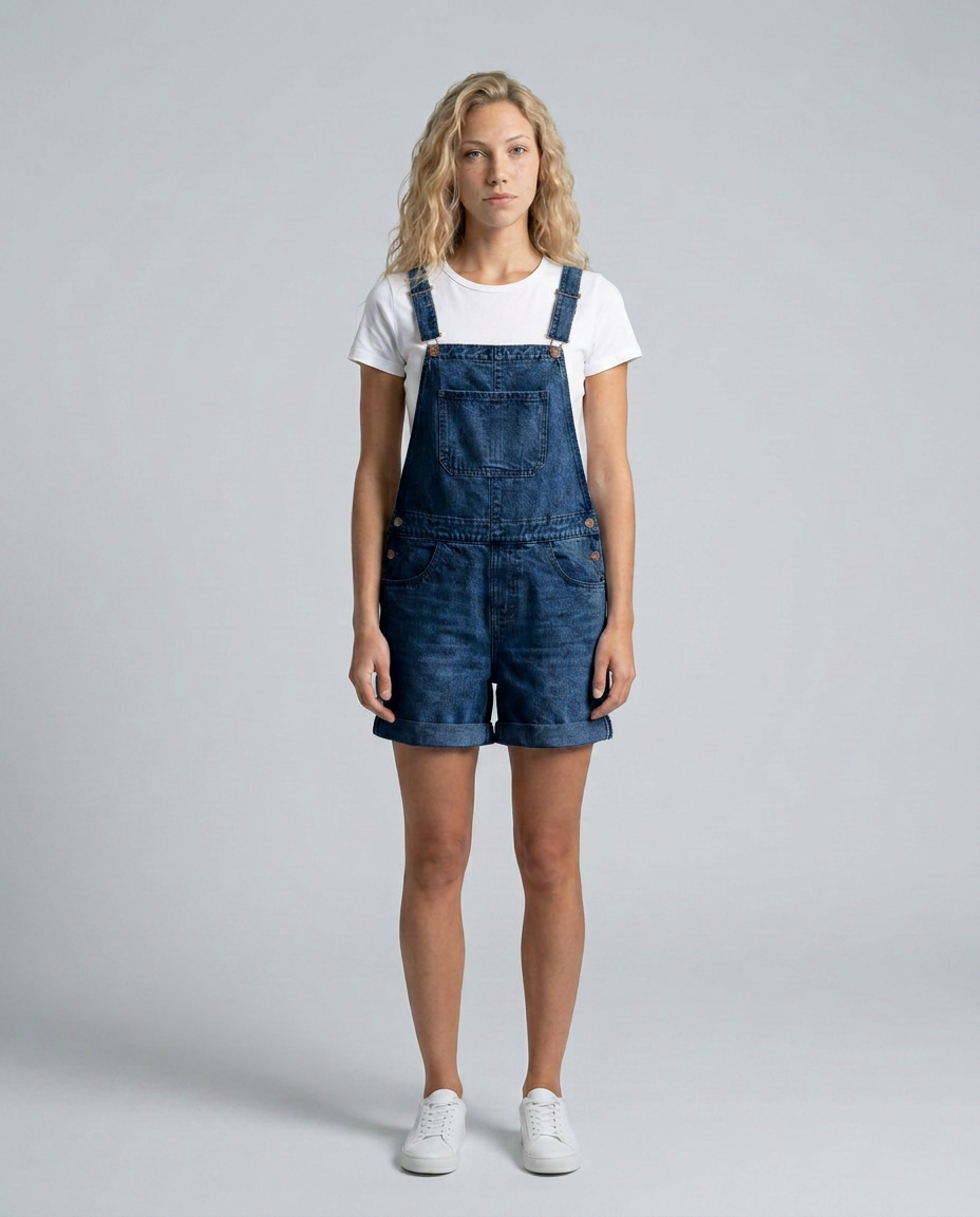 Woman wearing denim overalls and a white t-shirt on a gray background
