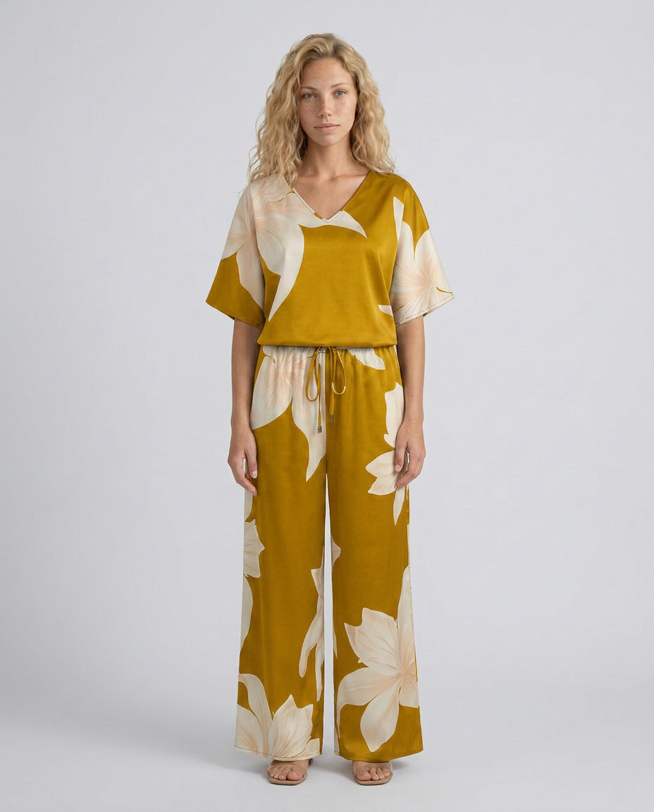 Woman wearing a mustard yellow and white floral outfit on a plain background