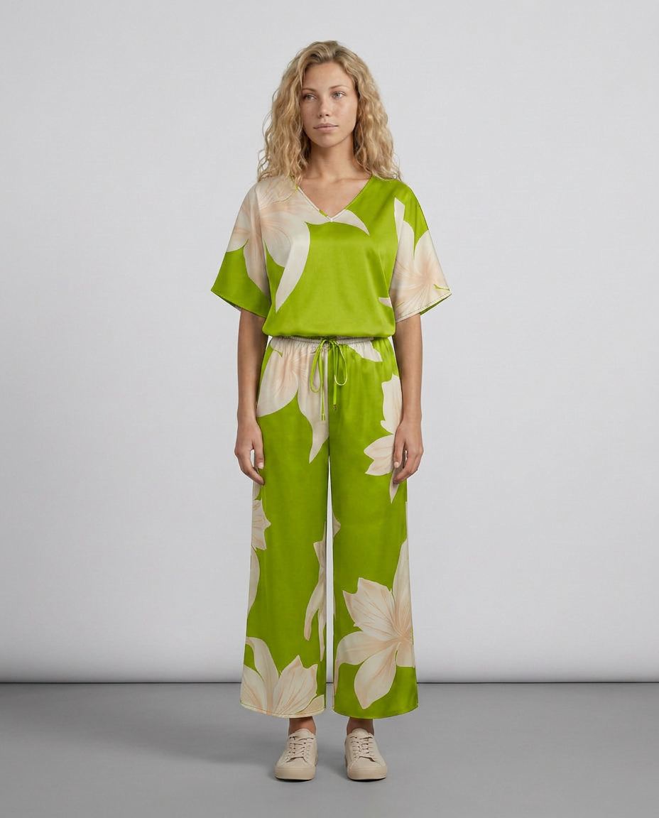 Woman wearing a green floral outfit against a plain background