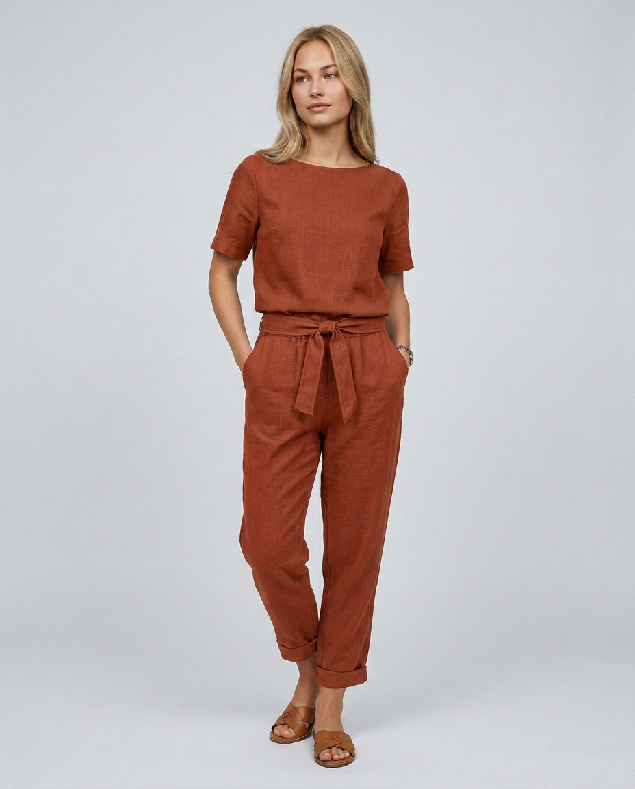 Woman wearing a brown jumpsuit on a plain background