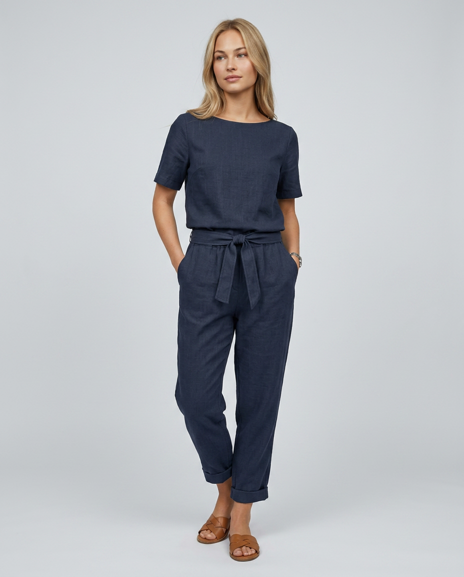 Woman wearing a navy blue jumpsuit on a gray background