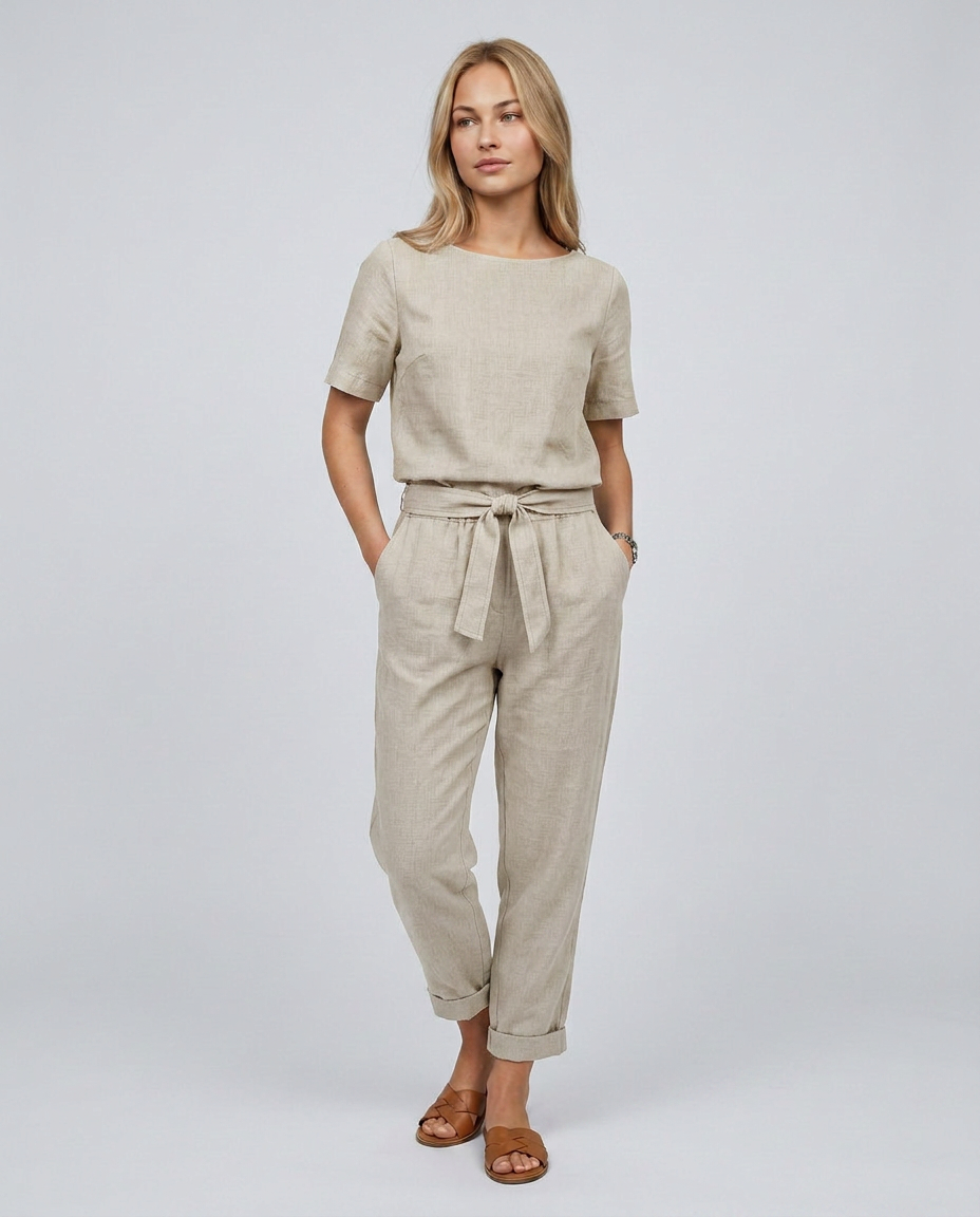 Woman wearing a beige outfit with a plain background