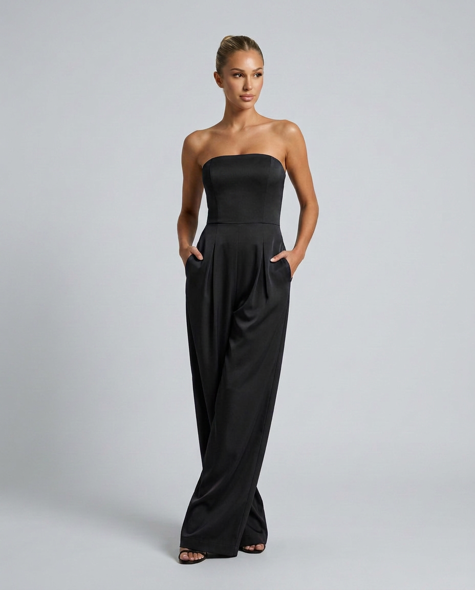 Woman wearing a black strapless jumpsuit on a gray background