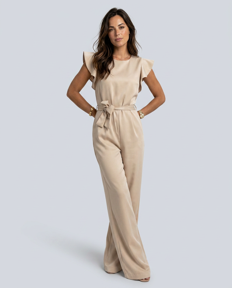 Woman wearing a beige jumpsuit on a light gray background