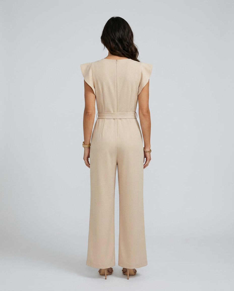 Woman wearing a beige jumpsuit on a plain background
