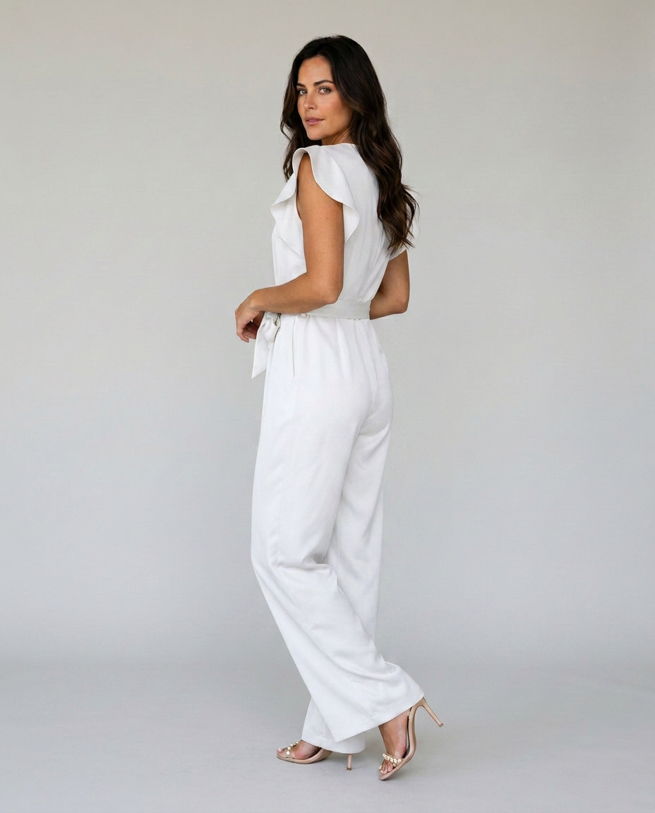 Woman wearing a white jumpsuit against a plain background
