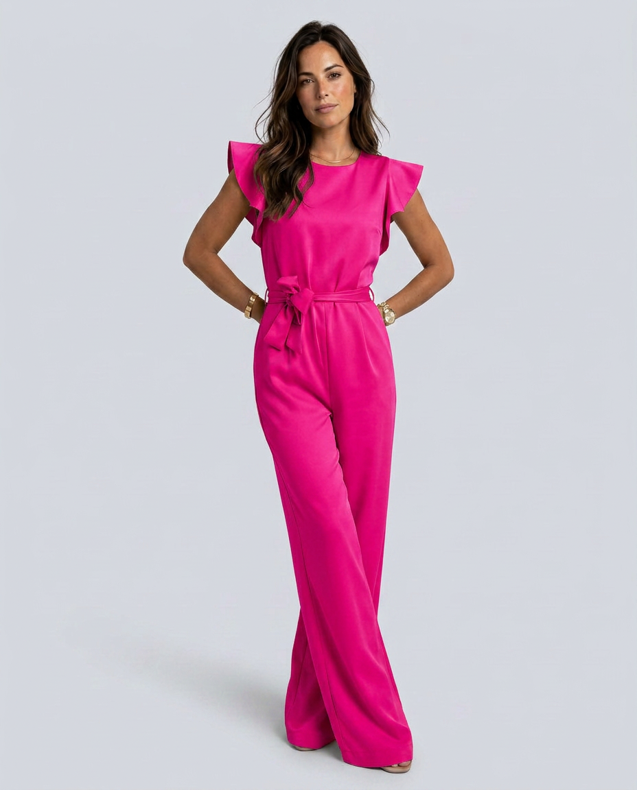 Woman wearing a bright pink jumpsuit on a light gray background