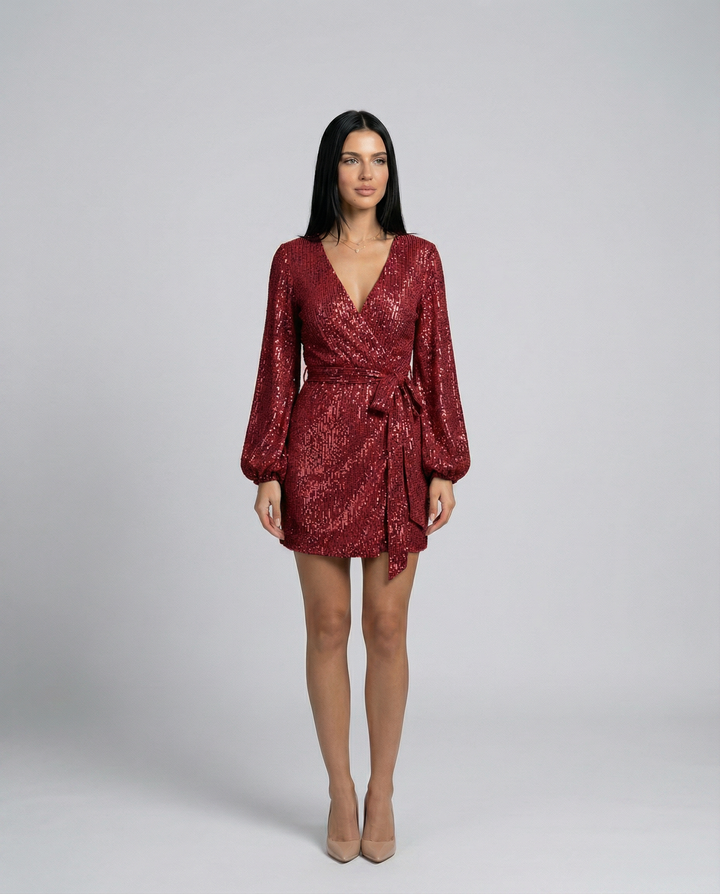 Woman wearing a red sequin dress on a gray background