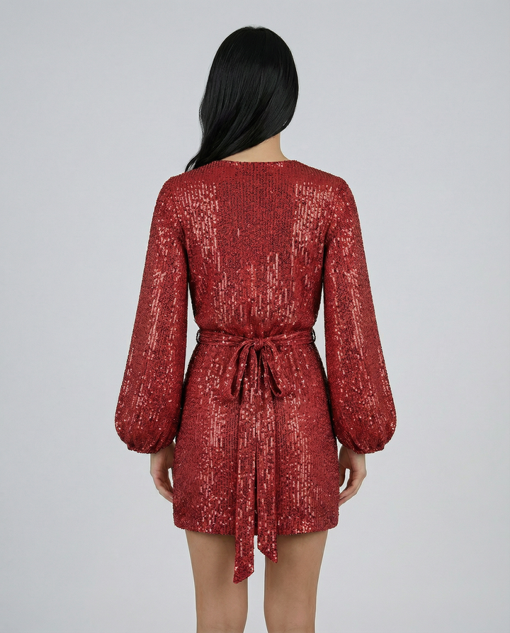 Red sequin dress worn by a person on a plain background