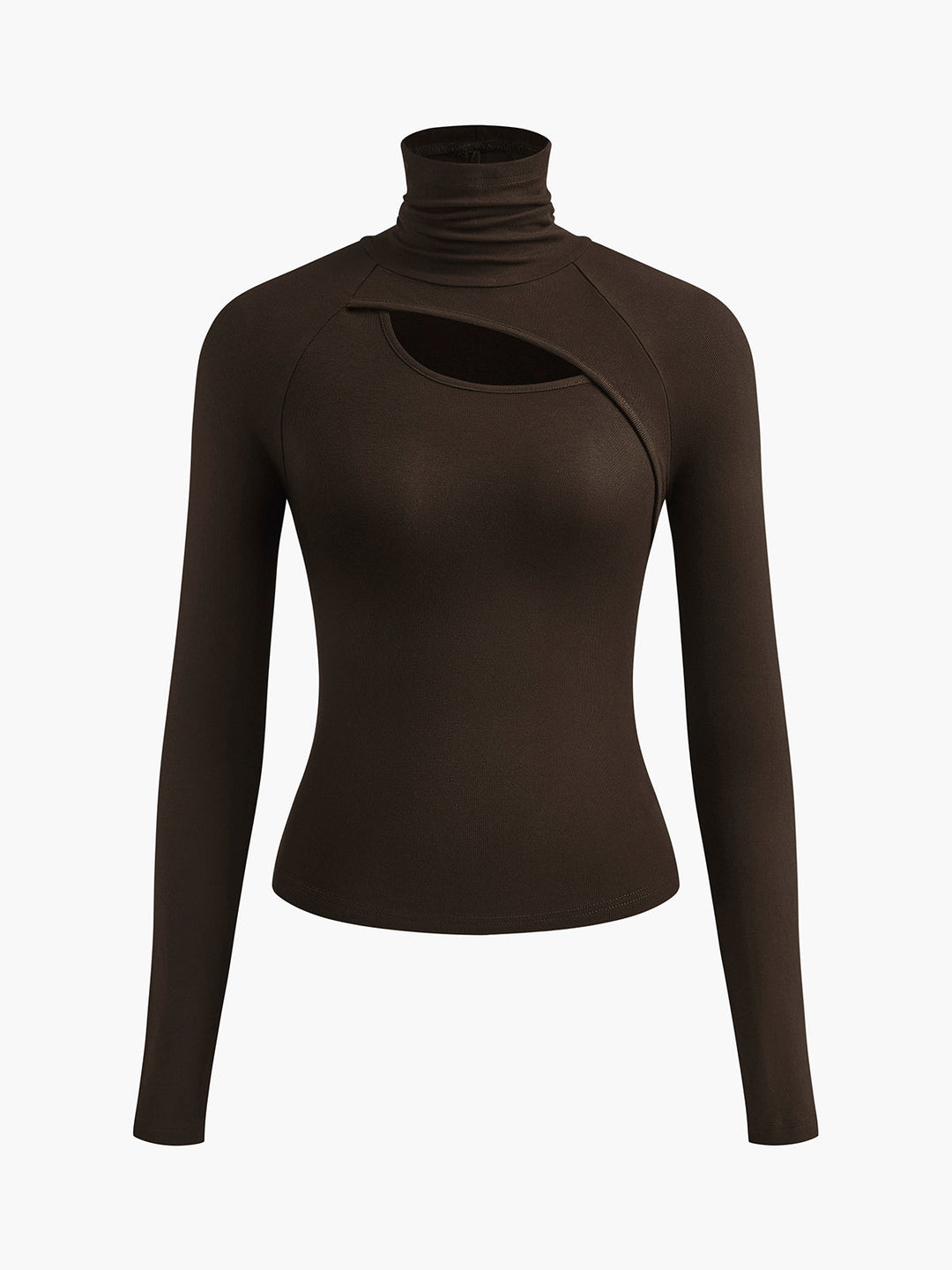 Brown long-sleeve top with a unique cutout design on a white background