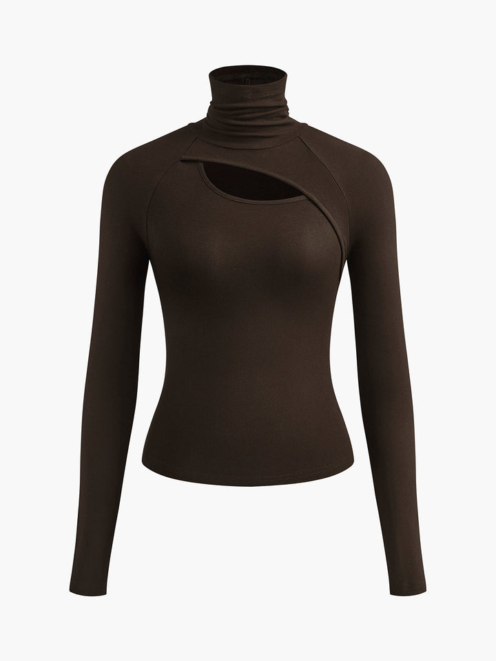 Brown long-sleeve top with a unique cutout design on a white background