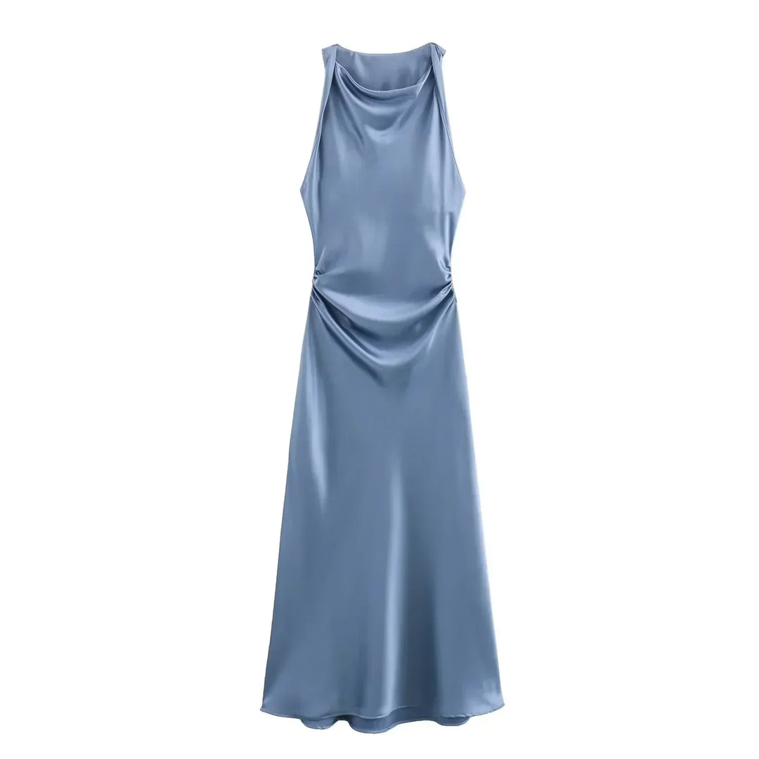 Blue satin dress on a white background