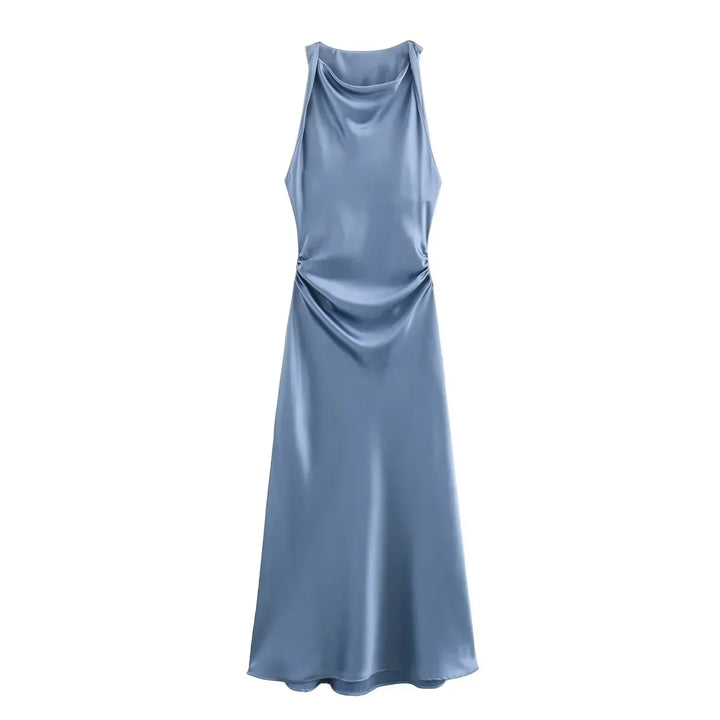 Blue satin dress on a white background