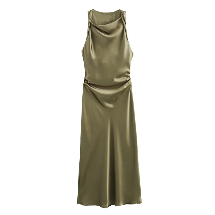 Olive green evening gown on a white background