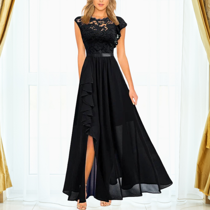Black lace dress with a high slit on a white background