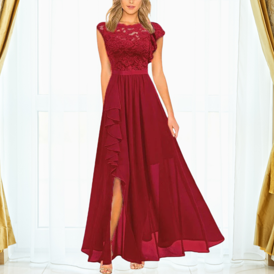 Red evening gown with lace top and slit skirt on a white background