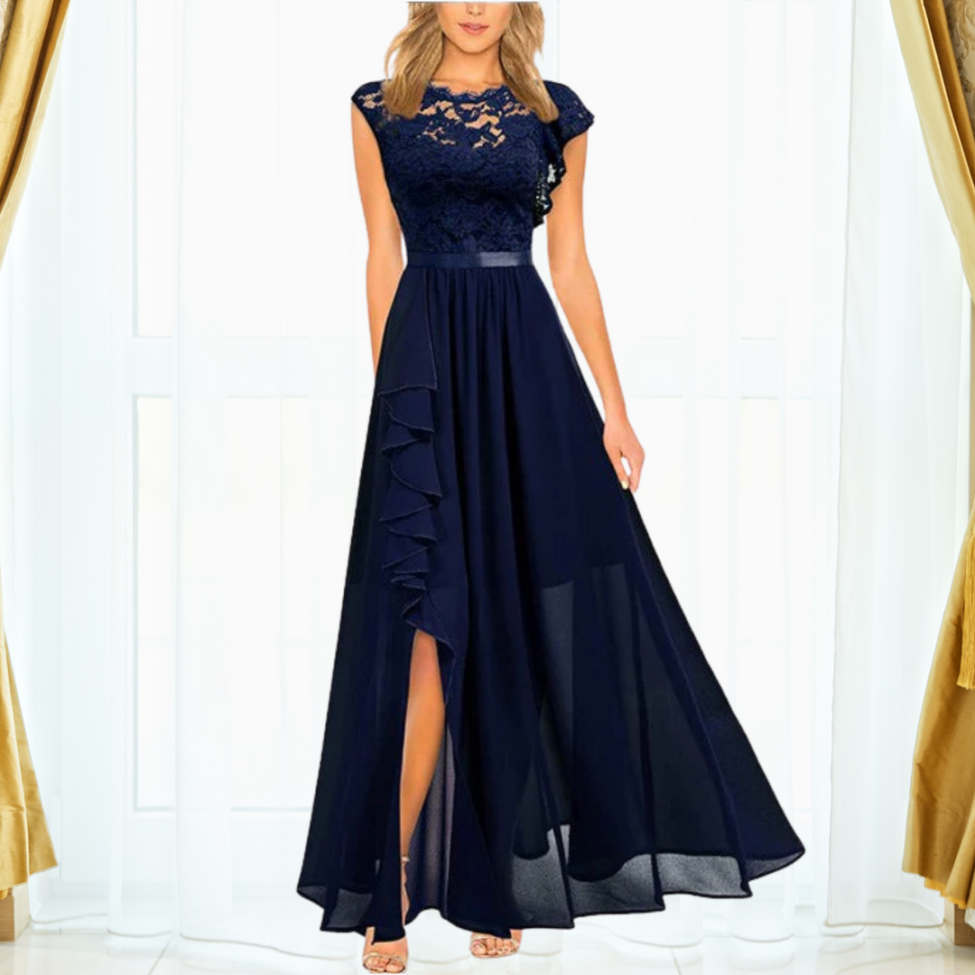 Navy blue evening gown with lace top and slit skirt on a white background