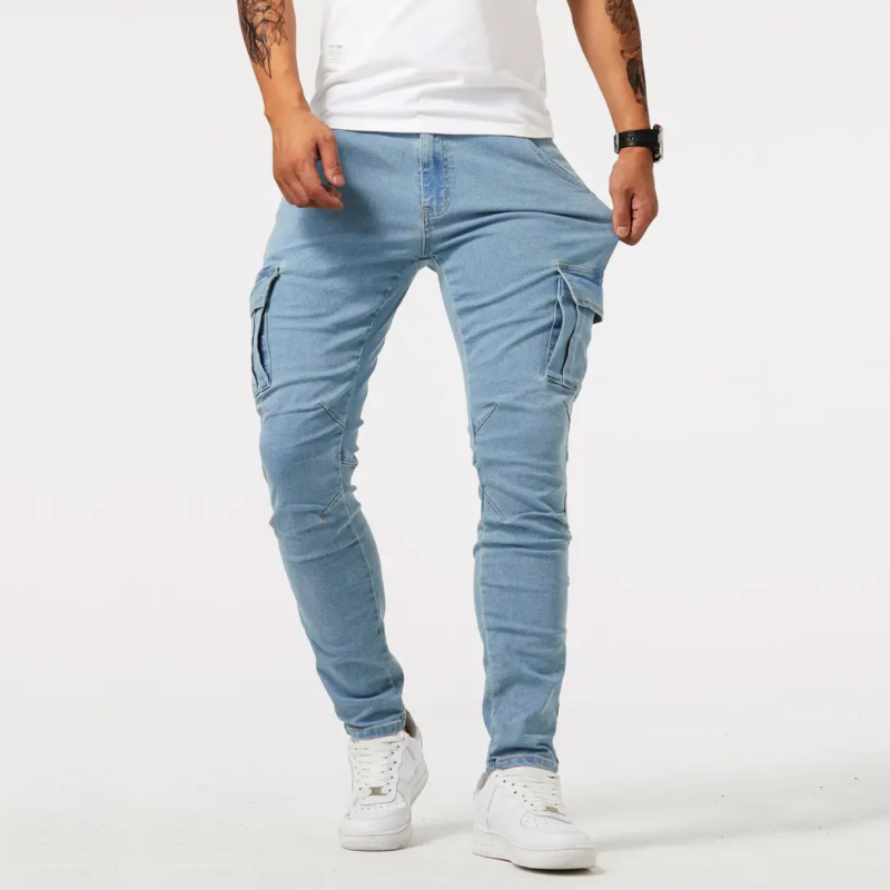 Light blue cargo pants worn by a person on a white background