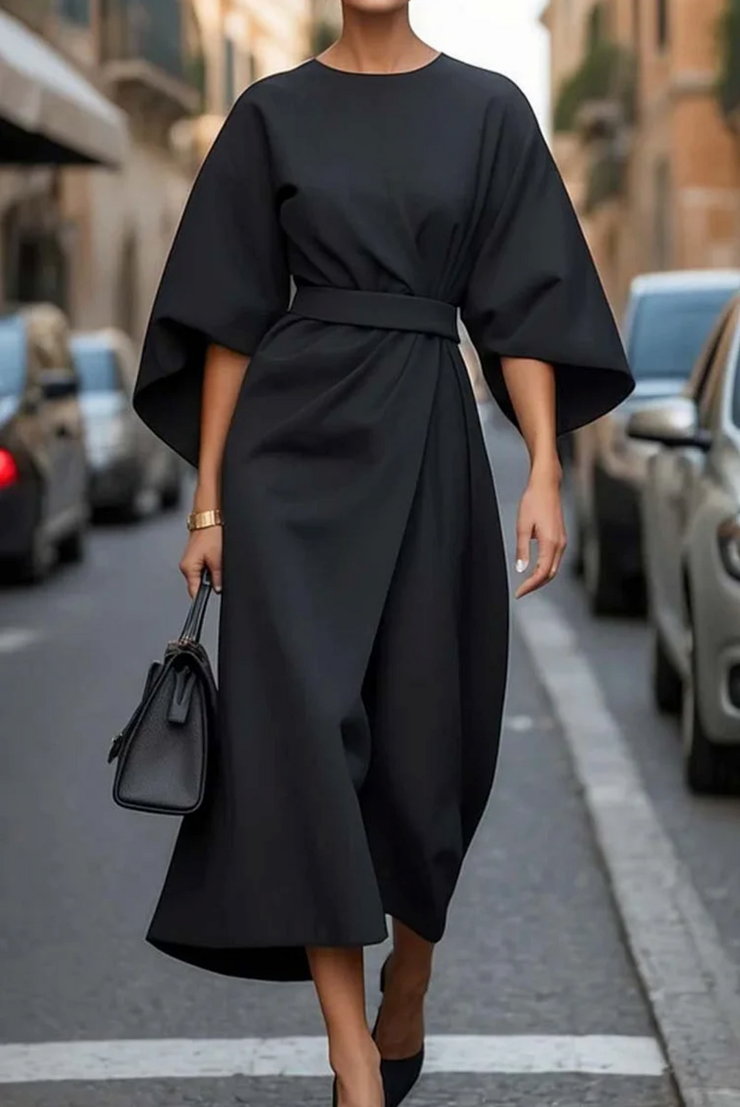Woman wearing a black dress on a city street