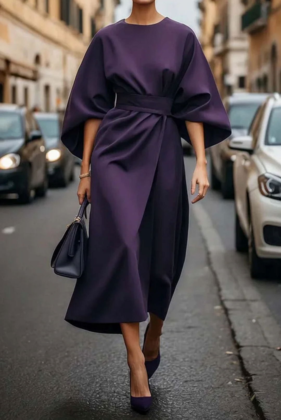 Person wearing a purple dress on a city street