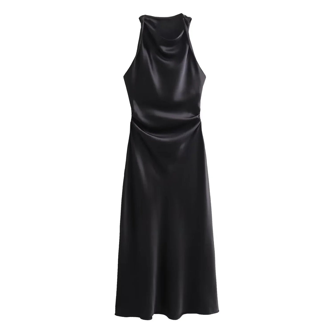 Black satin dress on a white background