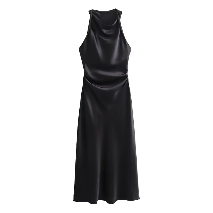 Black satin dress on a white background