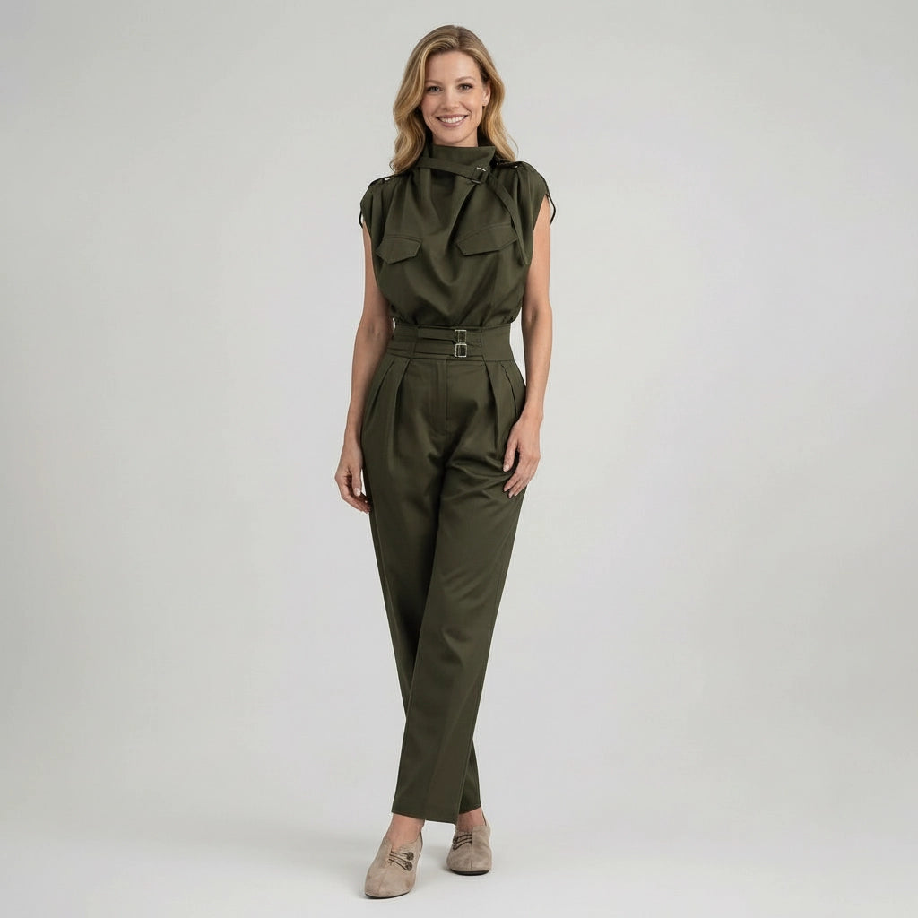 Woman wearing an olive green jumpsuit on a white background