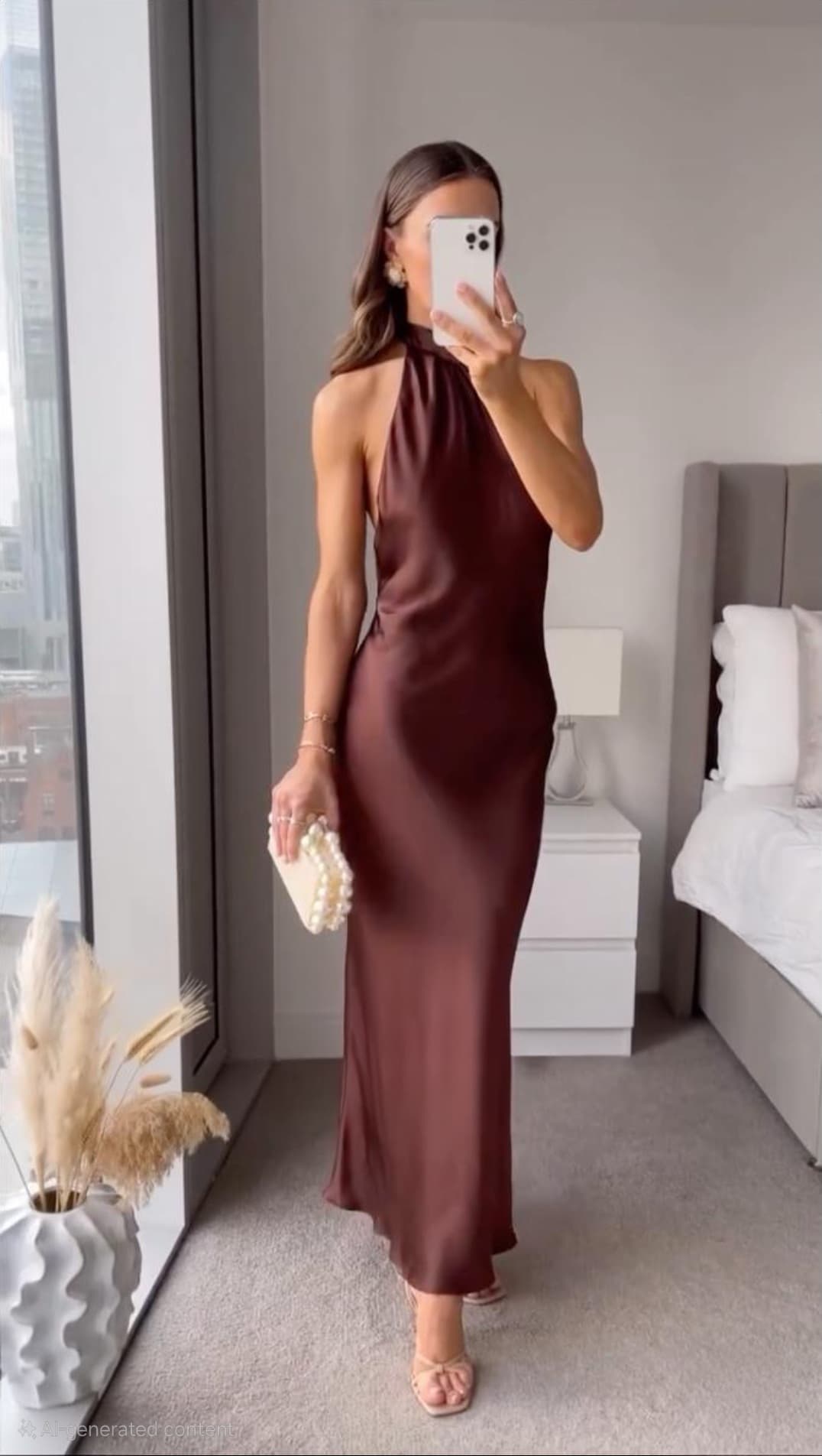 Woman taking a mirror selfie wearing a brown halter neck dress in a bedroom.