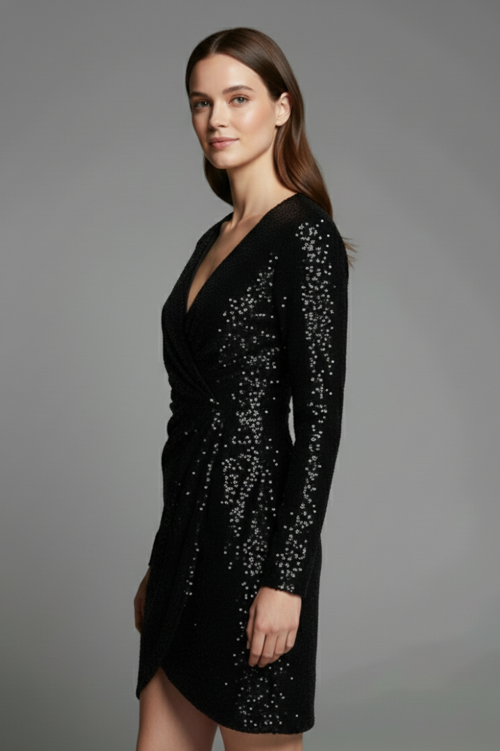 Woman wearing a black sequin dress against a gray background