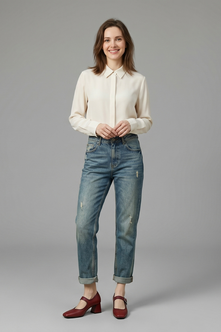 Woman wearing a white shirt and blue jeans on a gray background