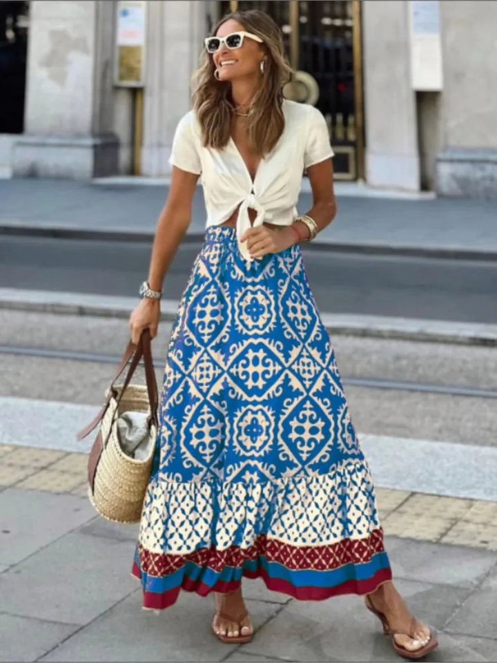 Aelicine | Women's High-Waist Boho Print Tiered Drawstring Maxi Skirt — Blue