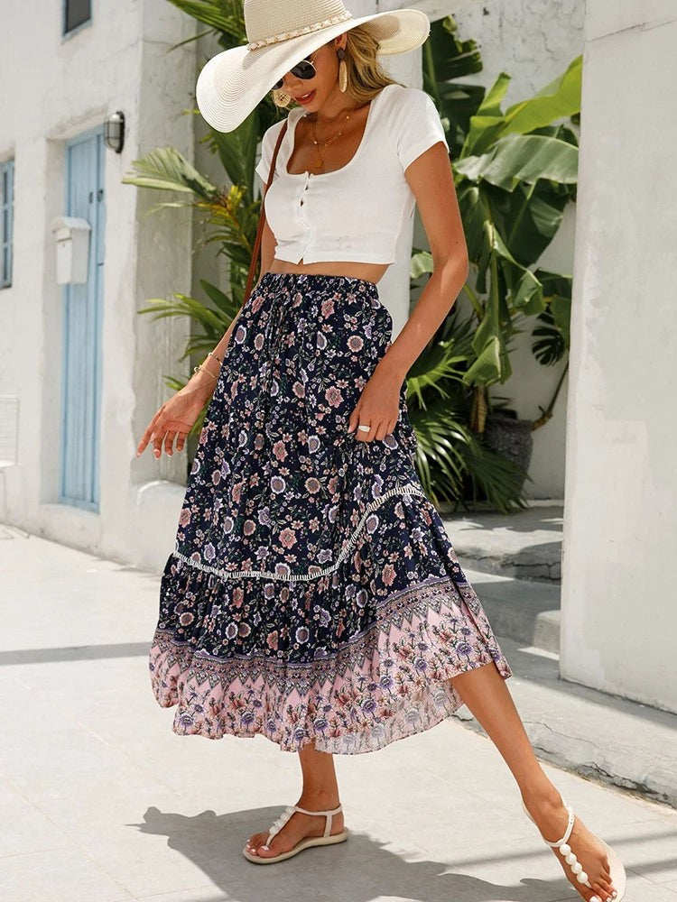 Aelicine | Women's High-Waist Boho Print Tiered Drawstring Maxi Skirt — 1