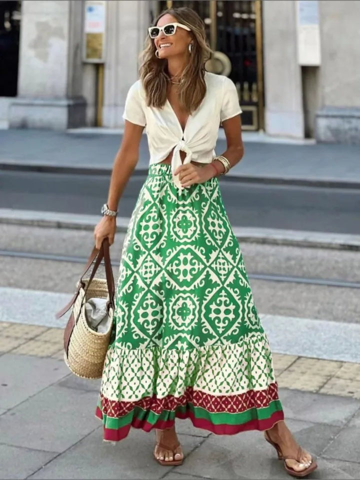 Aelicine | Women's High-Waist Boho Print Tiered Drawstring Maxi Skirt — Green