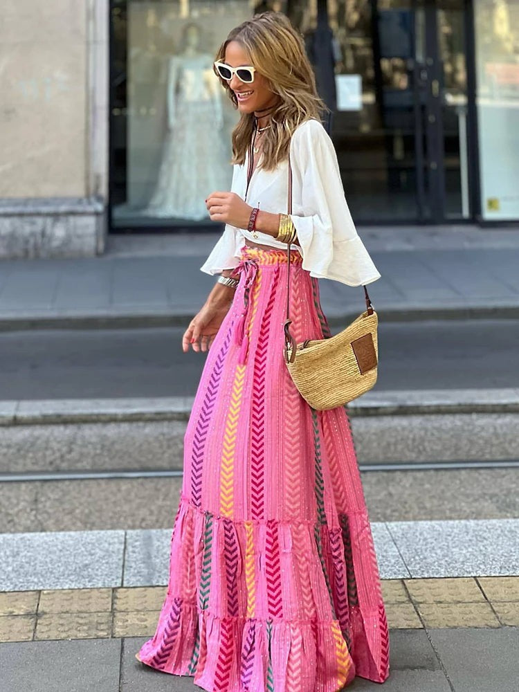 Aelicine | Women's High-Waist Boho Print Tiered Drawstring Maxi Skirt — Pink
