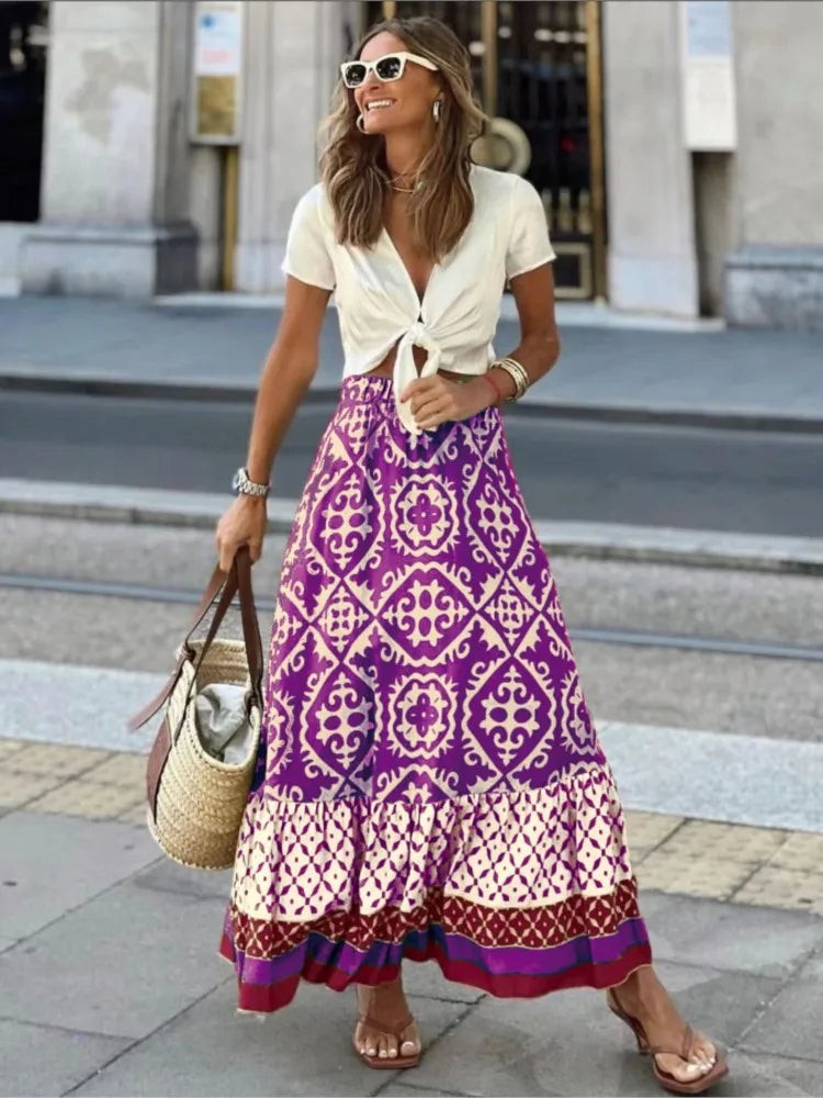 Aelicine | Women's High-Waist Boho Print Tiered Drawstring Maxi Skirt — Purple