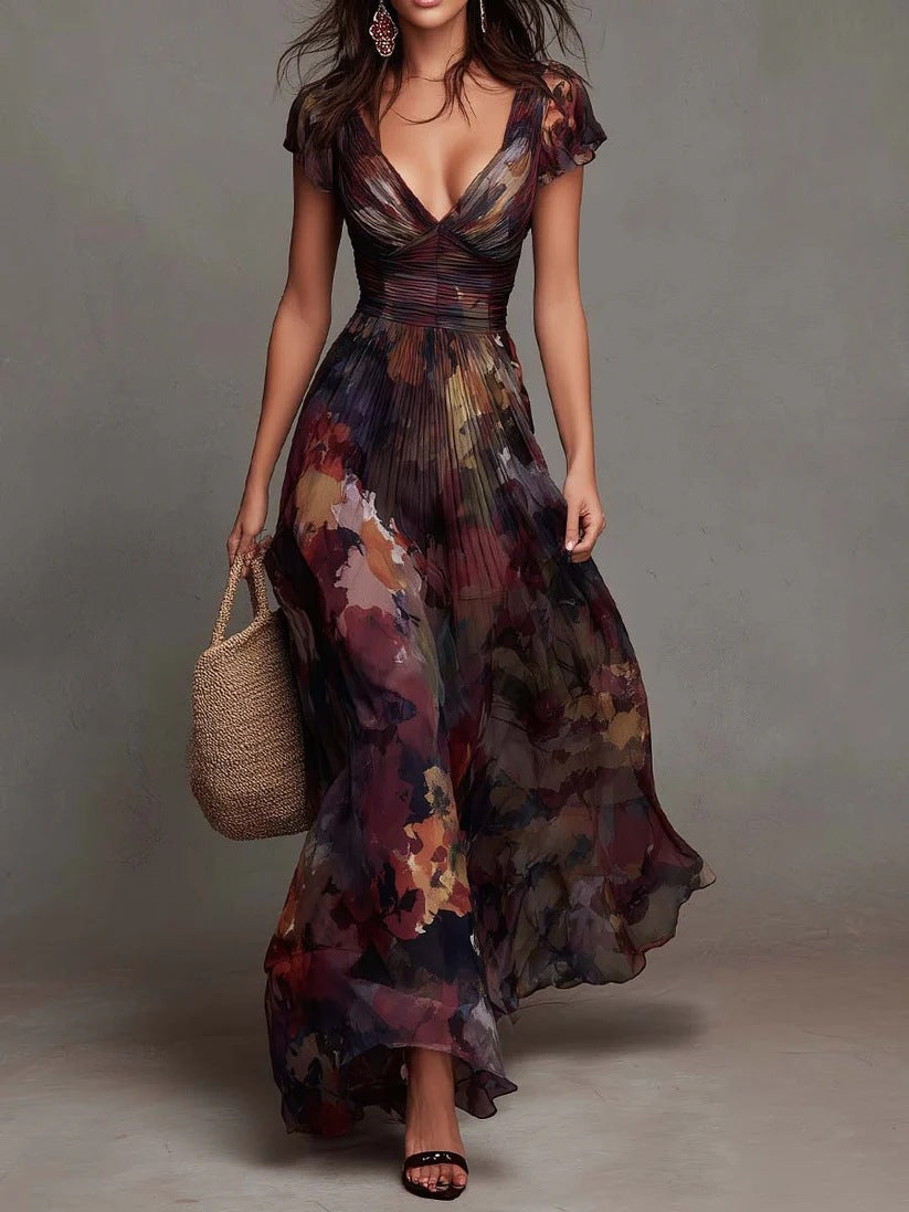 Aelietta | Women's Elegant Floral Pleated V-Neck Maxi Dress — 1