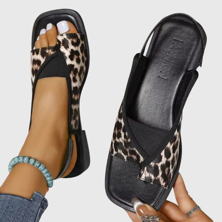 Aeliine | Women's Square Toe Slingback Flat Sandals Colour Block — Leopard Print