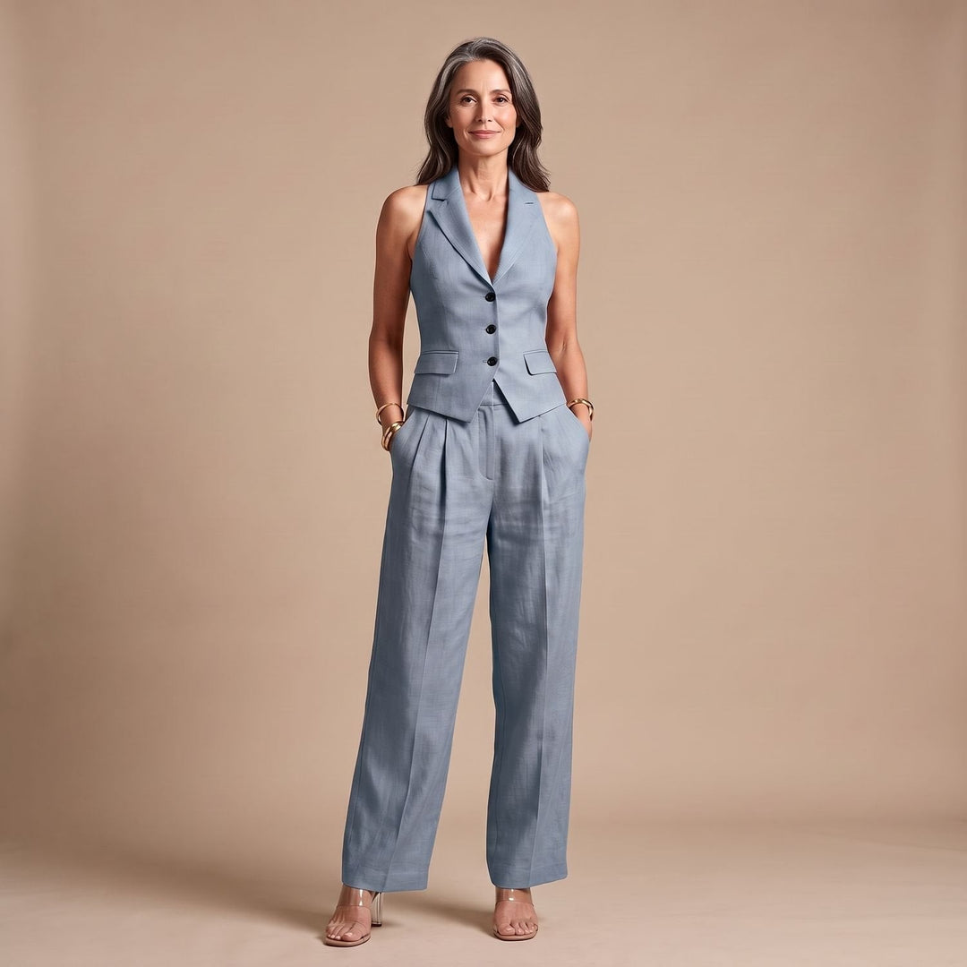 Aelinova | Women's Matching Linen Two Piece Vest & Wide Leg Pants Set — Blue