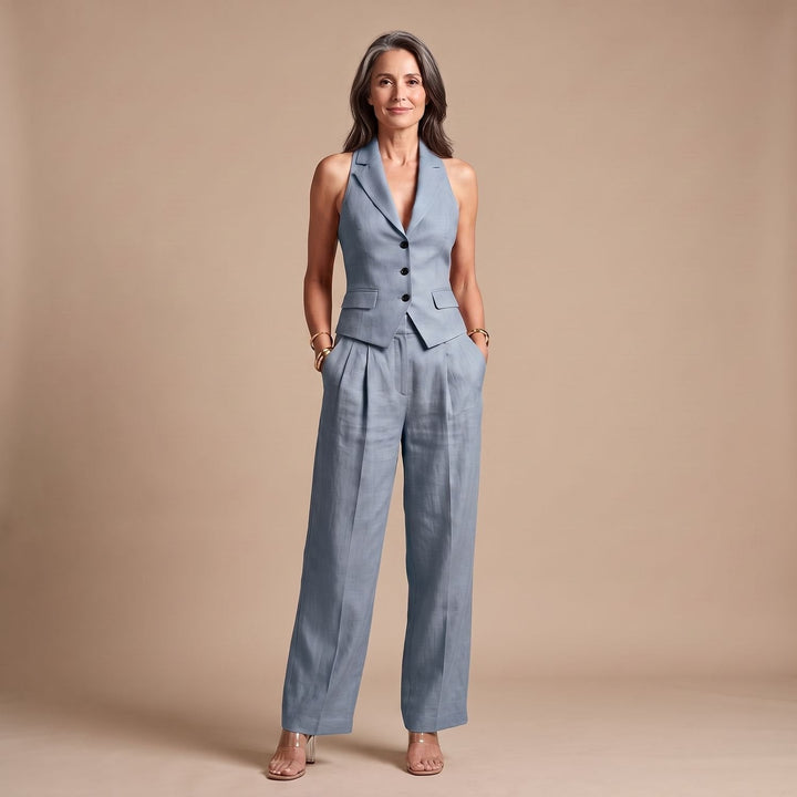 Aelinova | Women's Matching Linen Two Piece Vest & Wide Leg Pants Set — 2